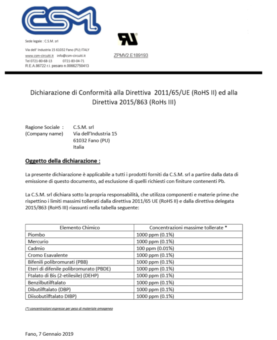 Dichiarazione Di Conformità Alla Direttiva 2011/65/UE (RoHS II) Ed Alla ...